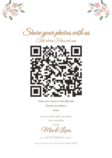 The Blossom design: a printable A5 wedding sign with a QR code guests scan to share their photos