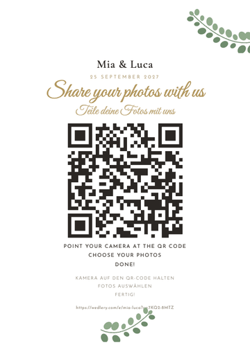 The Eucalyptus design: a printable A5 wedding sign with a QR code guests scan to share their photos