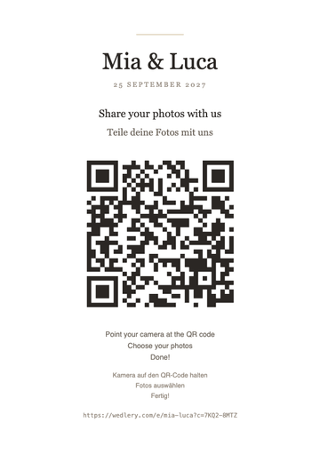 The Classic design: a printable A5 wedding sign with a QR code guests scan to share their photos