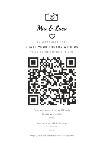 The Minimal design: a printable A5 wedding sign with a QR code guests scan to share their photos