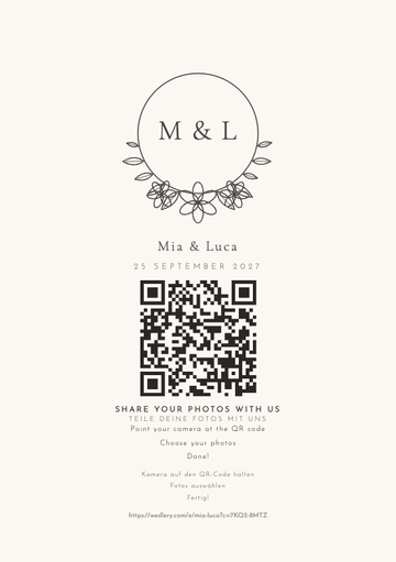 The Monogram design: a printable A5 wedding sign with a QR code guests scan to share their photos